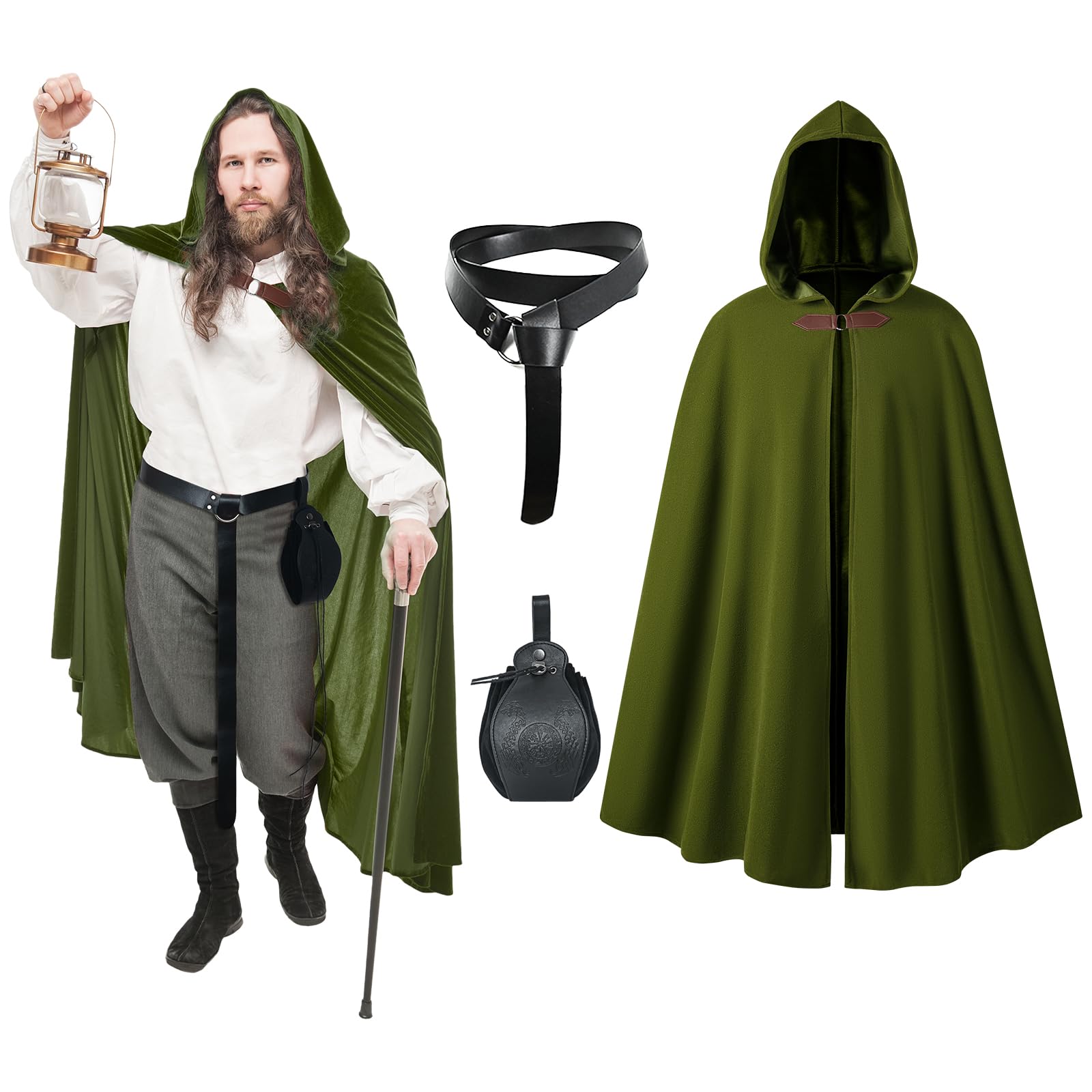 CNVAUIE Renaissance Snapback Hooded Coat Medieval Costumes Men's Witch Halloween Costumes Hooded Coat (Green Set) — image 1