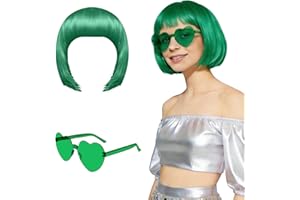 ANPUNAT Dark Green Short Bob Wig and Sunglass Set, Neon Colored Wigs Costume Colorful Cosplay Wigs Daily Party Hairpieces for