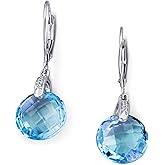 KOKAV 14K White Gold Genuine Blue Topaz 12mm, Diamonds Dangle Earrings