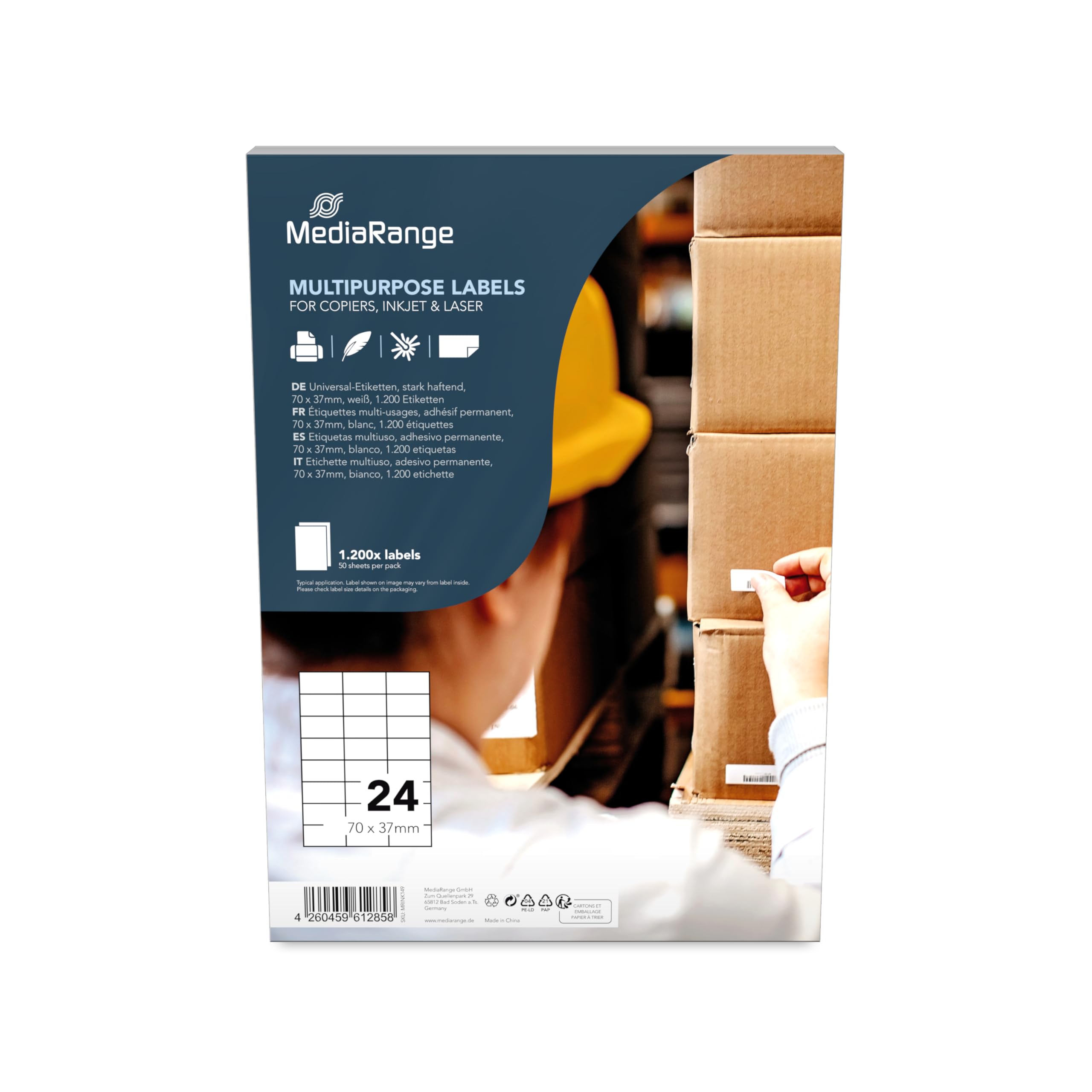 MediaRange MRINK149 Labels 70x37mm White 1200 Pieces Universal Strong Adhesion