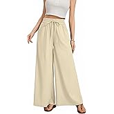 KICZOY Wide Leg Casual Pants Women Elastic Drawstring Waisted Palazzo Cropped Trousers Baggy Slacks with Pockets