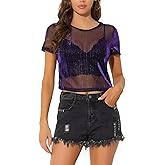 Allegra K Women's Mesh Crop Top Christmas Short Sleeve Mesh Metallic Party See Through Shirts