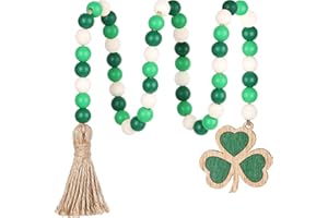 MEPLAIT St. Patrick's Day Wood Beads Garland with Shamrock Tag, Farmhouse Rustic Decor Irish Wood Beaded for St. Patrick's Day Home Decoration