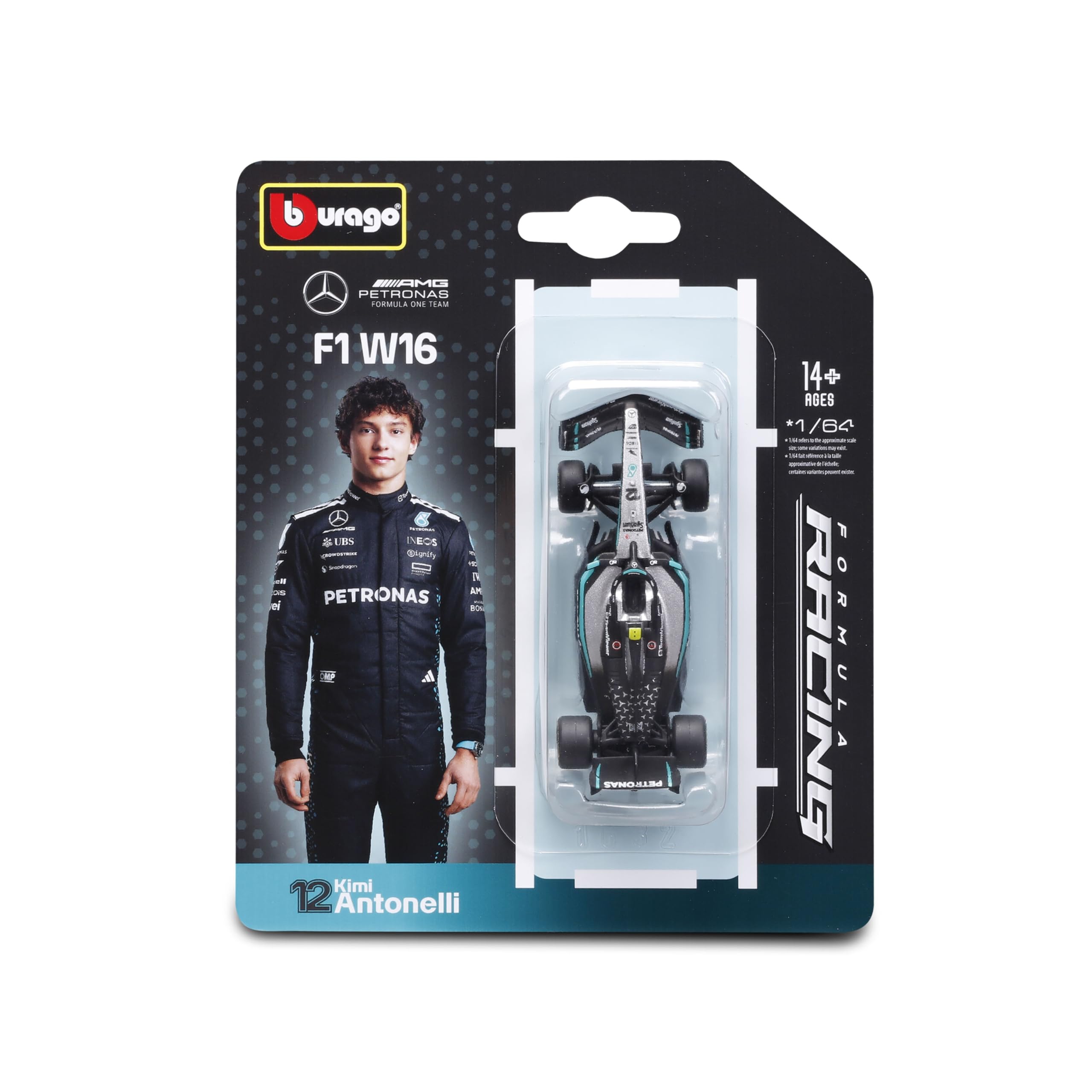 Bburago - F1 Mercedes-AMG F1 W16 2025#12 Antonelli, 1:64 Scale Diecast Car, Detailed Formula 1 Single-Seater Replica, Official Mercedes Colours, Collectible Blister Pack, Recommended Age 14+