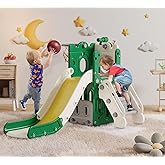 BIERUM 7 in 1 Toddler Slide, L-Shaped Kids Slide for Toddlers Age 1+ with Basketball Hoop and Ball, Ring Toss, Storage Space,
