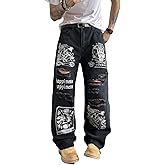 DFGIGT Men's Baggy Jeans Streetwear Sun and Moon Printed Ripped Denim Pants Wide Leg Distressed Y2k Hip Hop Trousers