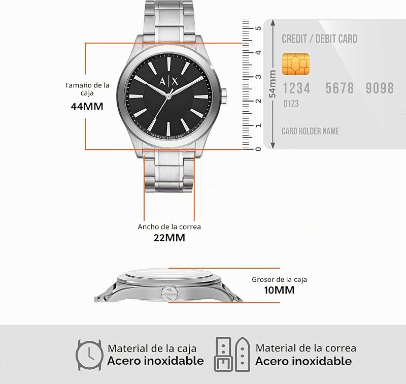 Relógio masculino armani exchange, movimento de três ponteiros, caixa de aço inoxidável prateado de 44 mm com pulseira de aço inoxidável, ax2320