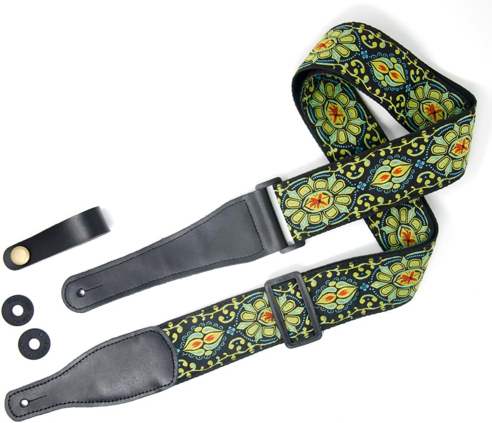 COOME Guitar Strap Adjustable Guitar Straps with Leather Ends Including Headstock Strap Button & 2 Strap Locks for Acoustic Electric Classical Bass Guitars Ukulele (Yellow)