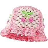 Fiewmay Crochet Bucket Hat for Women Handmade Floral Hat Portable Knitted Elastic Cute Beach Hat for Vacation Traveling