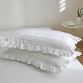 Ranznaz Ruffled Pillow Shams Queen Size Set of 2, 100% Cotton White Ruffle Pillow Cases with Pintucks, Farmhouse French Shabby Chic Pillowcases for Bedding, 20x30 Inch