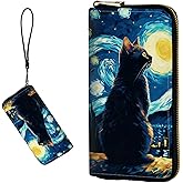 DIGTIALL Women's RFID Blocking Wallet PU Leather Slim Bifold Wristlet Clutch with Large Capacity,16 Card Slots & Zipper Coin Purse Pocket Ladies Travel Purse Wristlet,Cat On Starry Night