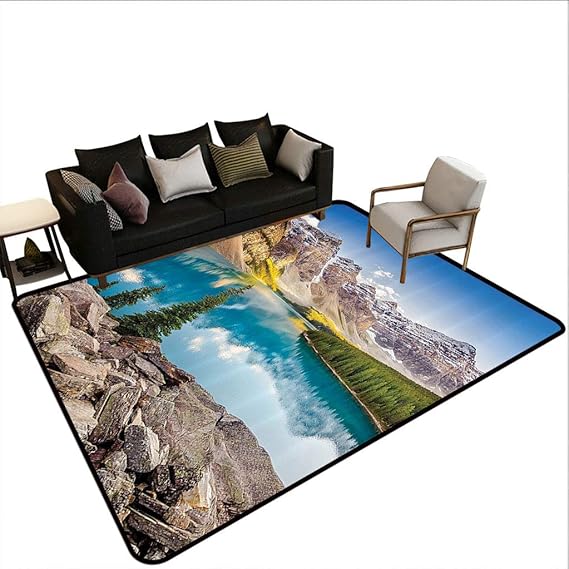 Lake House Decor Area Rugs, Still Calm Lake and Mountain