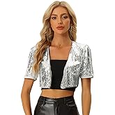 Allegra K Sequin Cardigan for Women's Puff Sleeve Open Front Jacket Sparkly Glitter Cropped Shrug Bolero