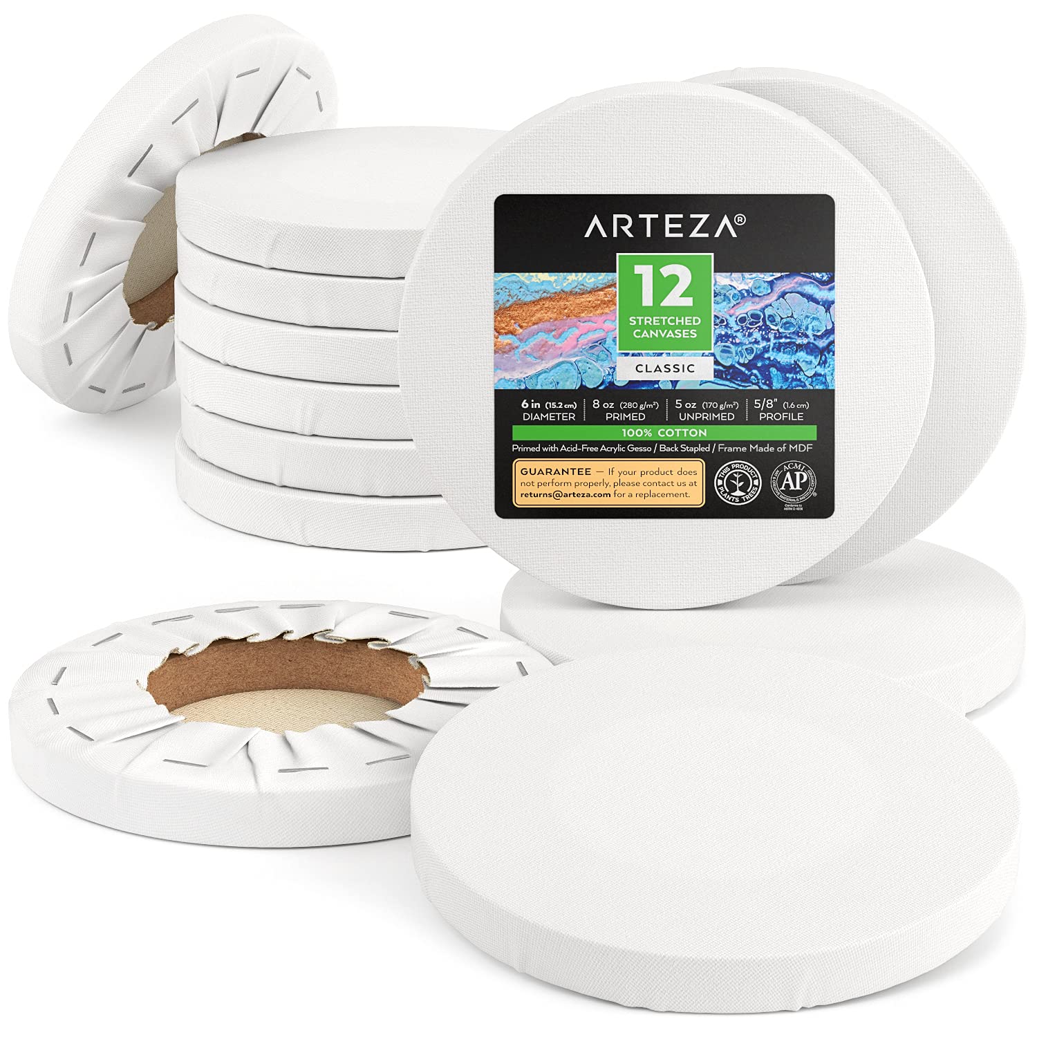 Arteza Round Stretched Canvas Set, 15.2 cm Diameter, 12 Pack, 100% Cotton, 8 oz Gesso-Primed Blank Canvases, Art Supplies for Acrylic and Oil Painting