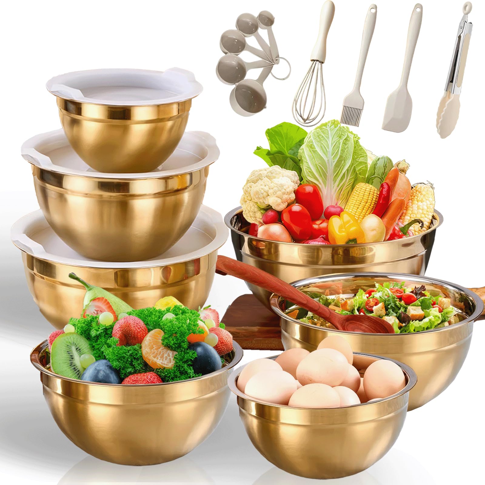 Photo 1 of 7 Pack Gold Mixing Bowls Set with 5 PCS Kitchen Accessories, Stainless Steel Nesting Mixing Bowls with Airtight Lids, Baking, Prepping and Serving Food, Stackable Size 7,3.6,2.7,2.1,1.5,1.1,0.8QT