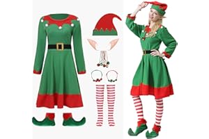 GSMFS 8PCS Elf Costume for Women with Elf Ears Bell Necklaces and Bell Bracelets Christmas Cosplay Costume Dress
