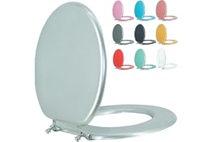 BLOFDE Round Toilet Seat Wood Toilet Seat Prevent Shifting with Zinc Alloy Hinges American Standard Size Toilet Seat Easy to Install also Easy to Clean(Round,Sparkling ClassicalSilver)