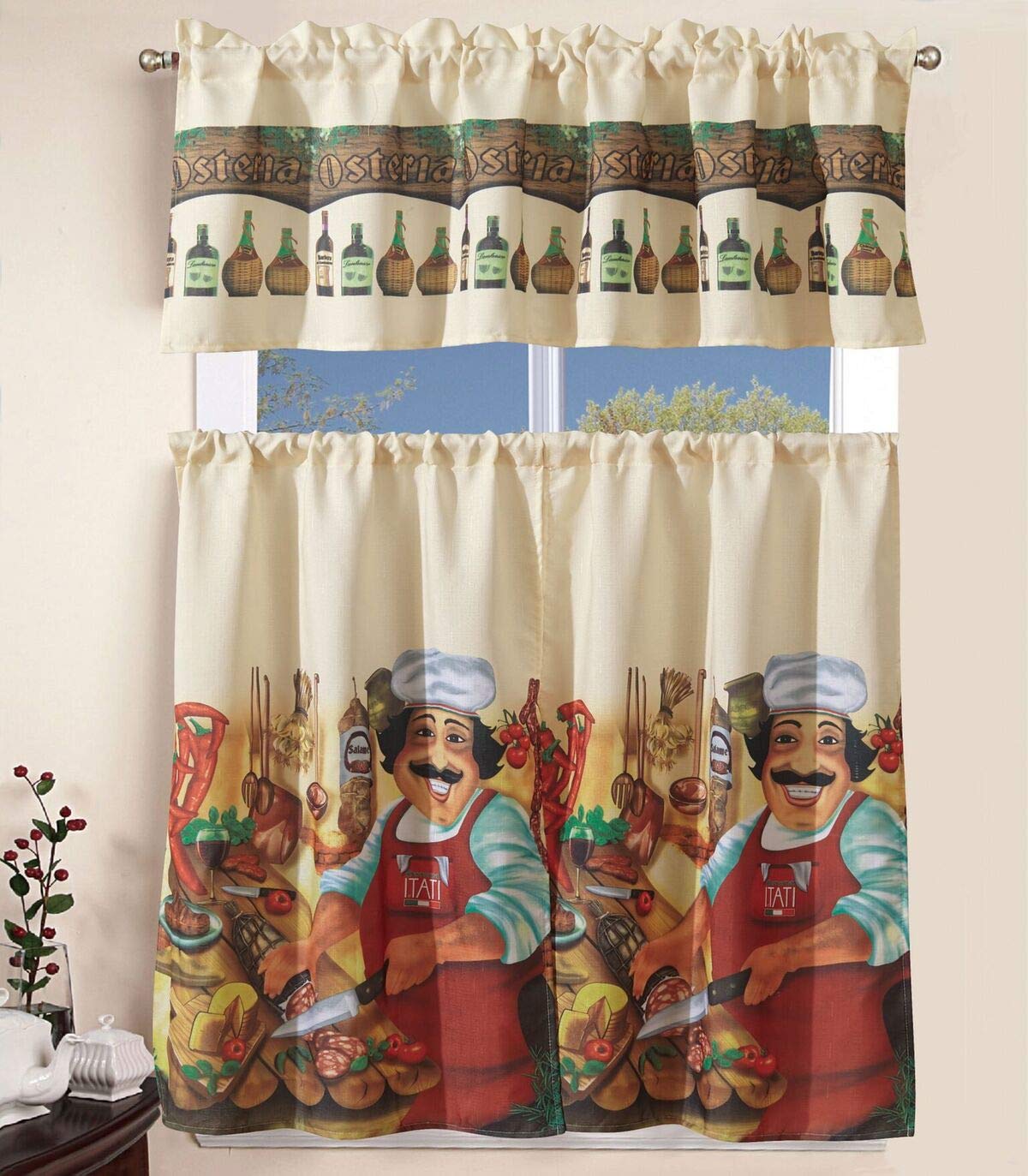 Superior Home 3 Piece Kitchen Curtain Linen Set with 2 Tiers 27" W (Total Width 54") x 36" L and 1 Tailored Valance 54" W x 15" L, Tucancy Italy Chef Pizza Cooking Design Kitchen Curtain Décor Linen