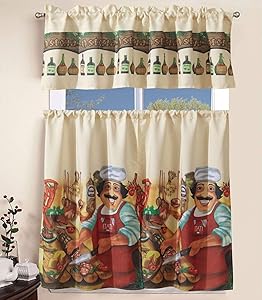 Superior Home 3 Piece Kitchen Curtain Linen Set with 2 Tiers 27" W (Total Width 54") x 36" L and 1 Tailored Valance 54" W x 15" L, Tucancy Italy Chef Pizza Cooking Design Kitchen Curtain Décor Linen