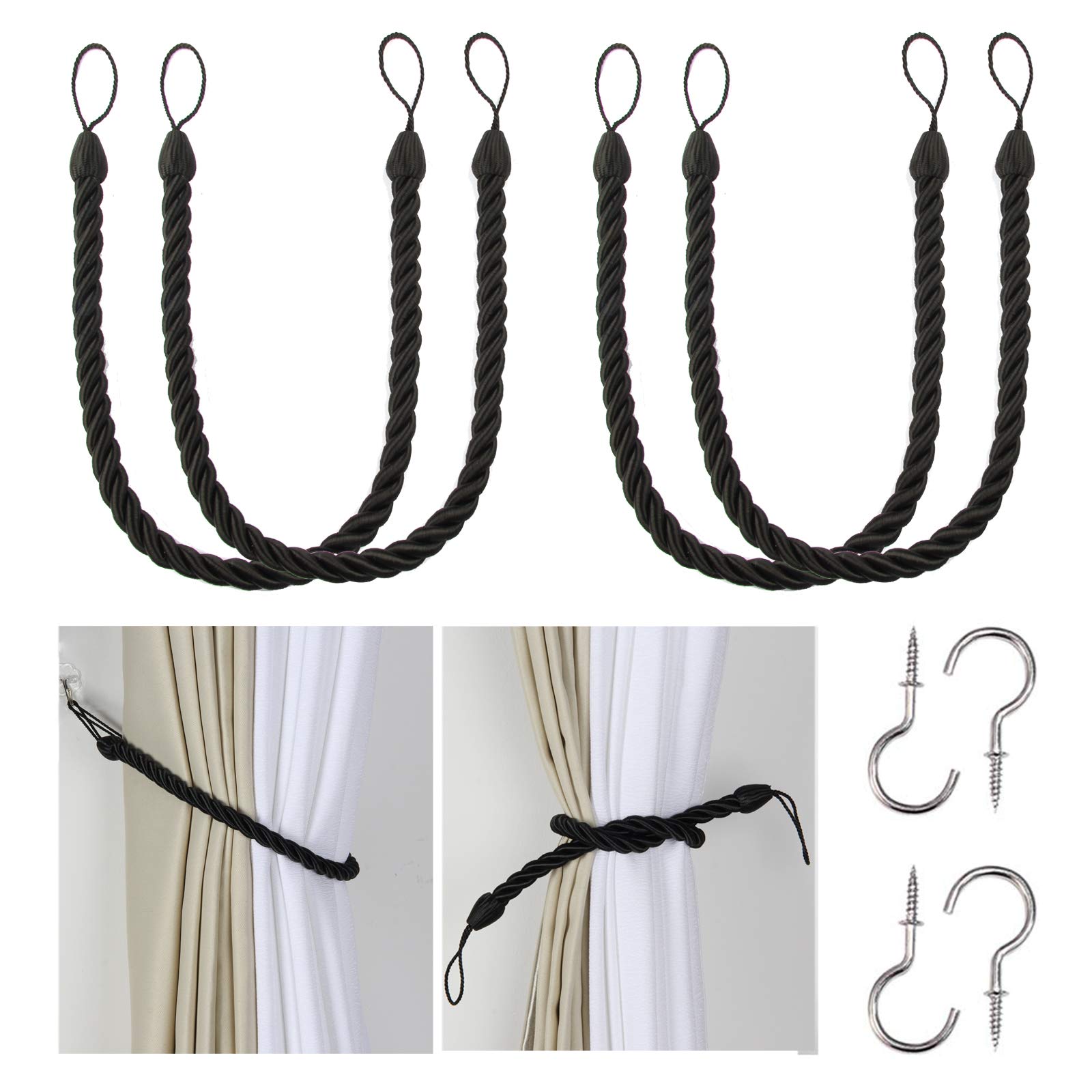 BEL AVENIR Curtain Tiebacks Ropes Tie-Backs, Handmade Curtain Holdbacks (Black, 4pack)