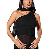 GORGLITTER Women's Halter Going Out Tank Top with Scarf One Shoulder Ruched Asymmetrical Crop Tops