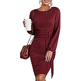 Zeagoo Women's Casual Knit Dress Fall Long Sleeve Bodycon Dress Crewneck Tie Waist Rib Knitted Sweater Dresses