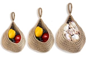 JMGO 3 Packs Jute Hanging Wall Basket Onion Handwoven Hanging Basket Storage for Kitchen Fruit Potato Veggie Vegetable