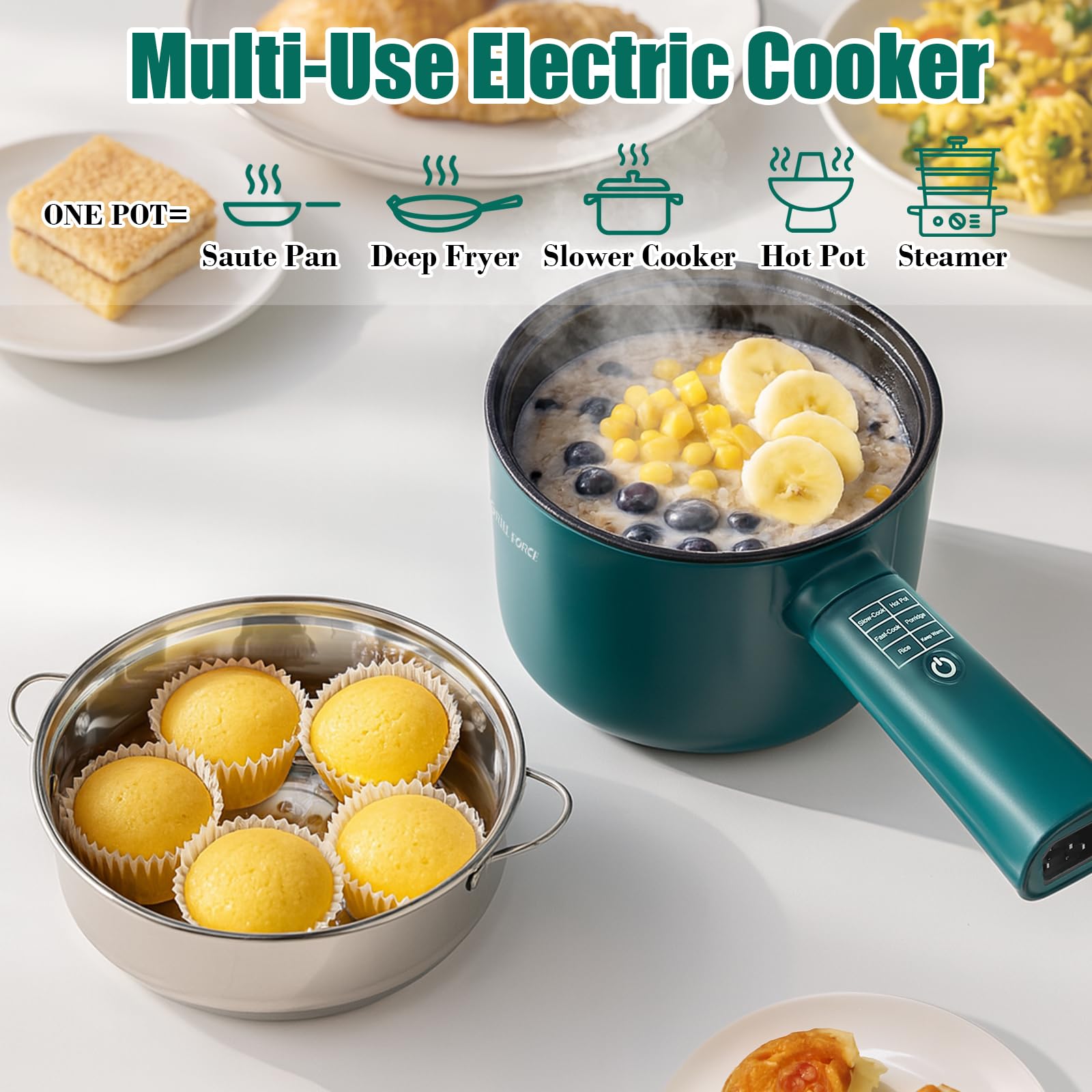 GRILL FORCE Hot Pot Electric with Steamer,6 Smart Modes, 1.8L Ramen Cooker, Portable Cooker, Non-Stick Frying Pan, Sauté Pan, Electric Pot for Pasta, Egg, Steak, BPA Free, College Dorm Room Essential