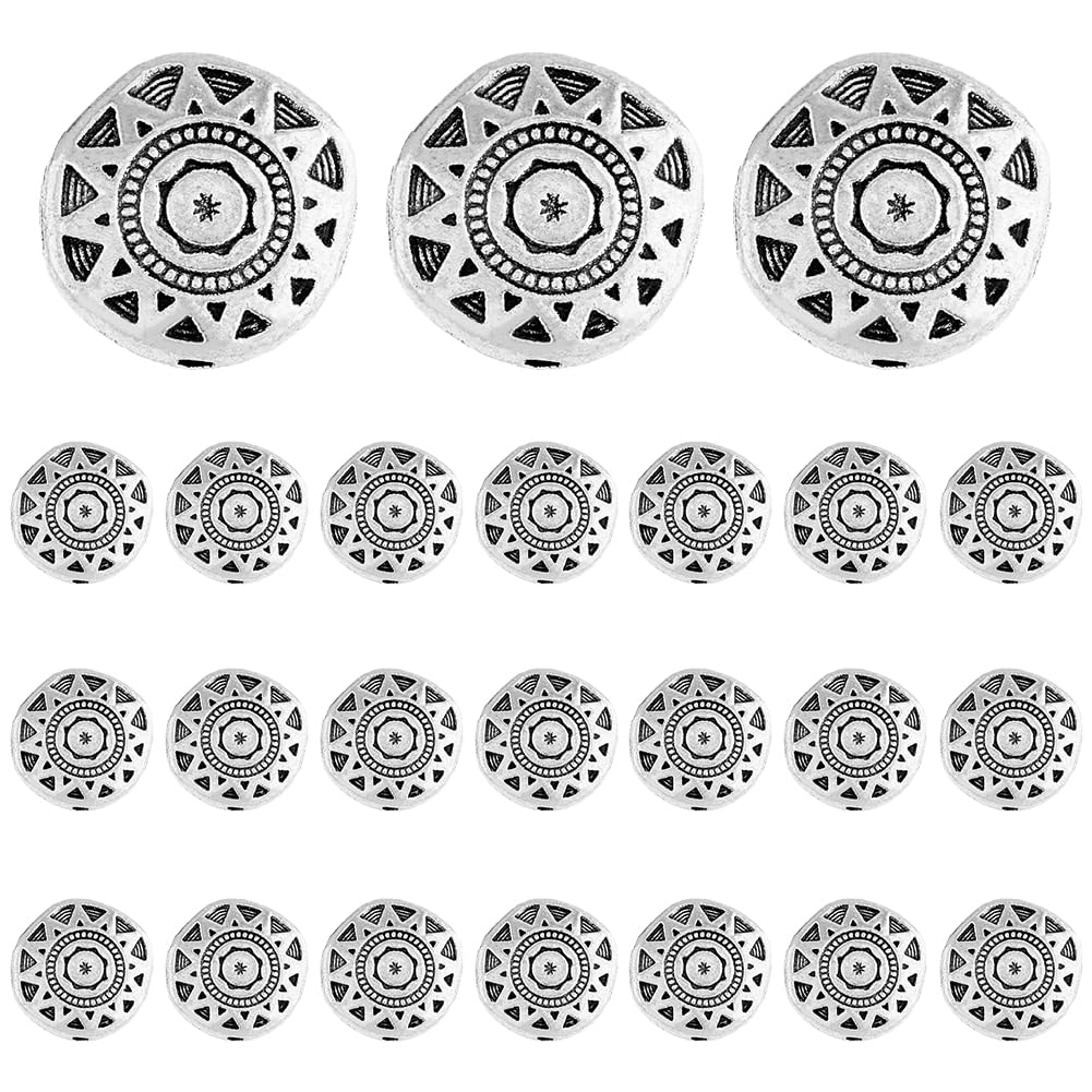 DICOSMETIC 60Pcs Flat Round Tibetan beads Sun Pattern Carved Round Beads Coin Disc Beads with Sun Antique Silver Spacer Beads Small Hole Beads 1.5mm Alloy Beads for DIY Jewelry Making