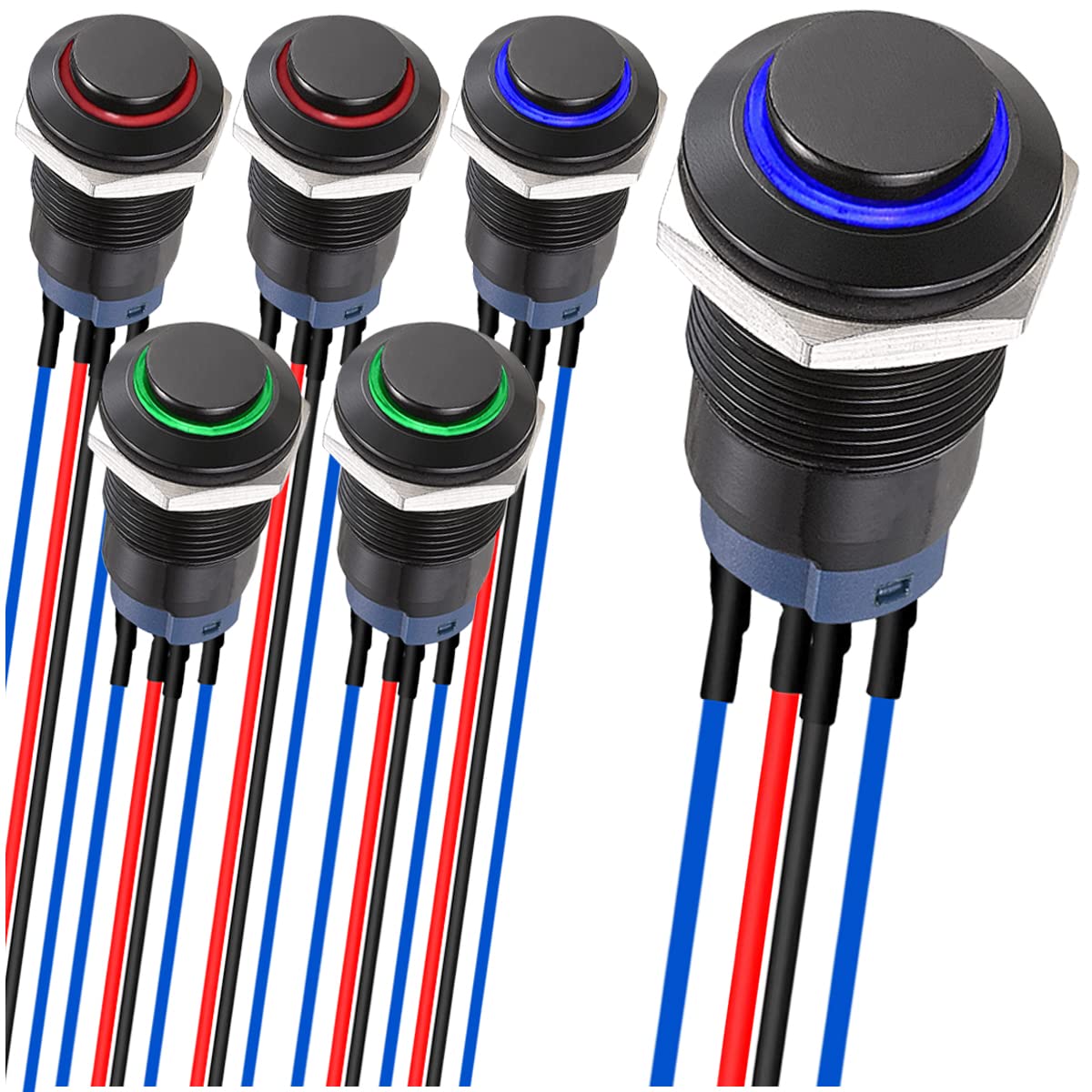 Photo 1 of MKBKLLJY 6Pcs 12mm Latching led Push Button Switch Black Shell with pre-Wiring, IP65 Waterproof Push Button Switch,1NO 1 Normally,Self-Locking with LED 3Color(Red/Blue/Green) for Auto Car Marine Boat