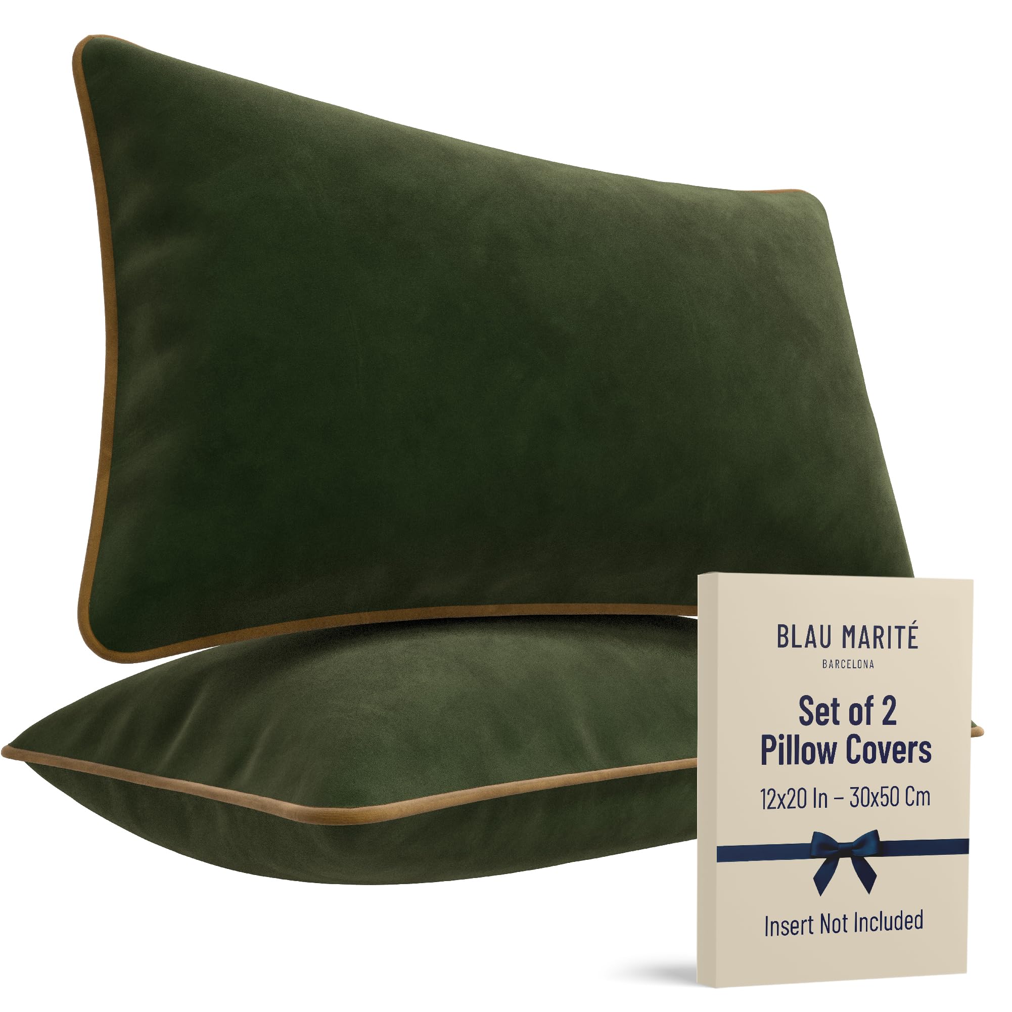 Photo 1 of ** ONLY ONE **Blau Marité 2 Pack Velvet Decorative Throw Pillow Covers, 12"x20", Green and Camel, Solid, Modern, Contrast Piping, Indoor Use, Bedroom & Living Room