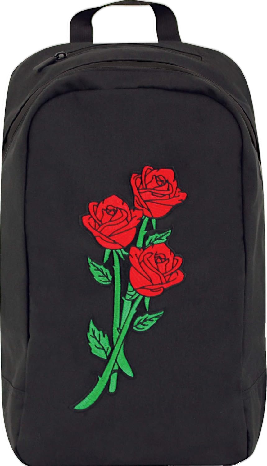 black backpack with red roses