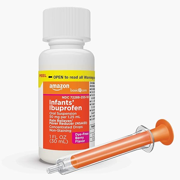 AMAZON BASIC CARE INFANTS’ IBUPROFEN ORAL SUSPENSION, 50 MG/1.25 ML, BERRY FLAVOR CONCENTRATED DROPS, DYE-FREE, 1 FL OZ (PACK OF 1)