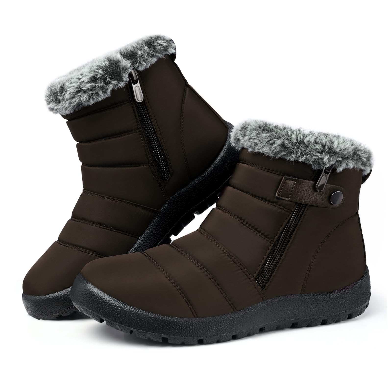 SHIBEVER Women Winter Snow Boots: Woman Winter Non Slip Resistant Short Boot Brown Size 6 Outdoor Zipper Booty Image