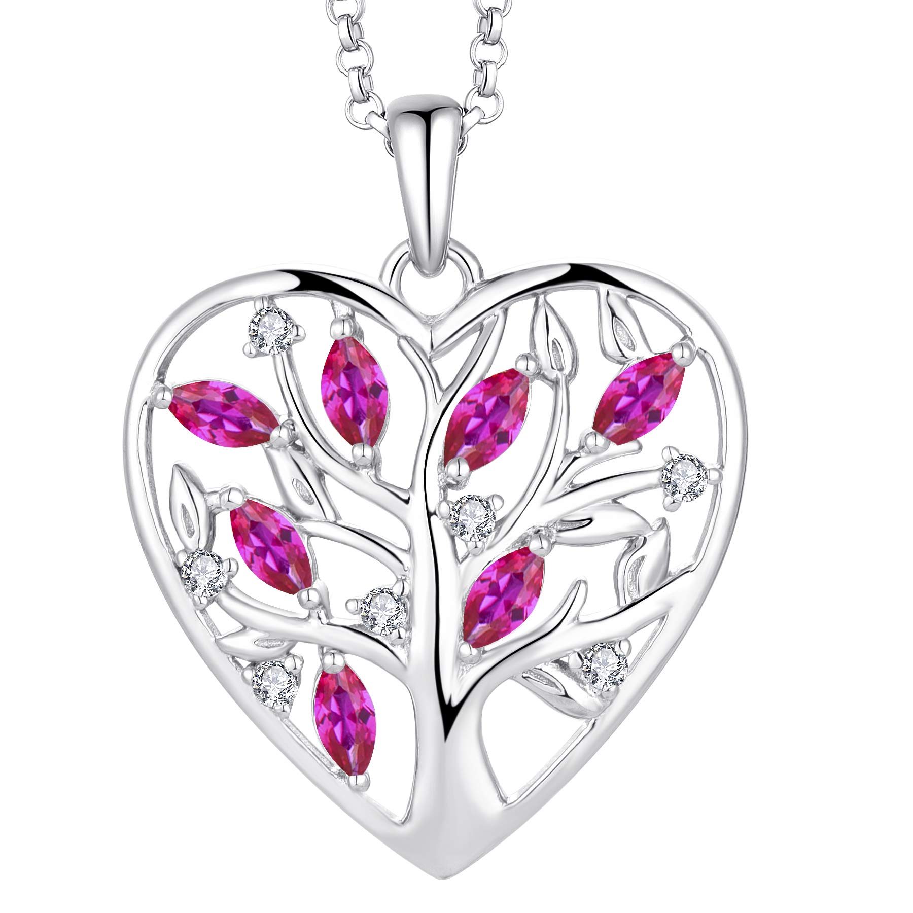 JO WISDOM Women Heart Necklace,925 Sterling Silver Tree of Life Pendant Necklace with 3A Cubic Zirconia July Birthstone Ruby Color Jewelry for Women — image 1