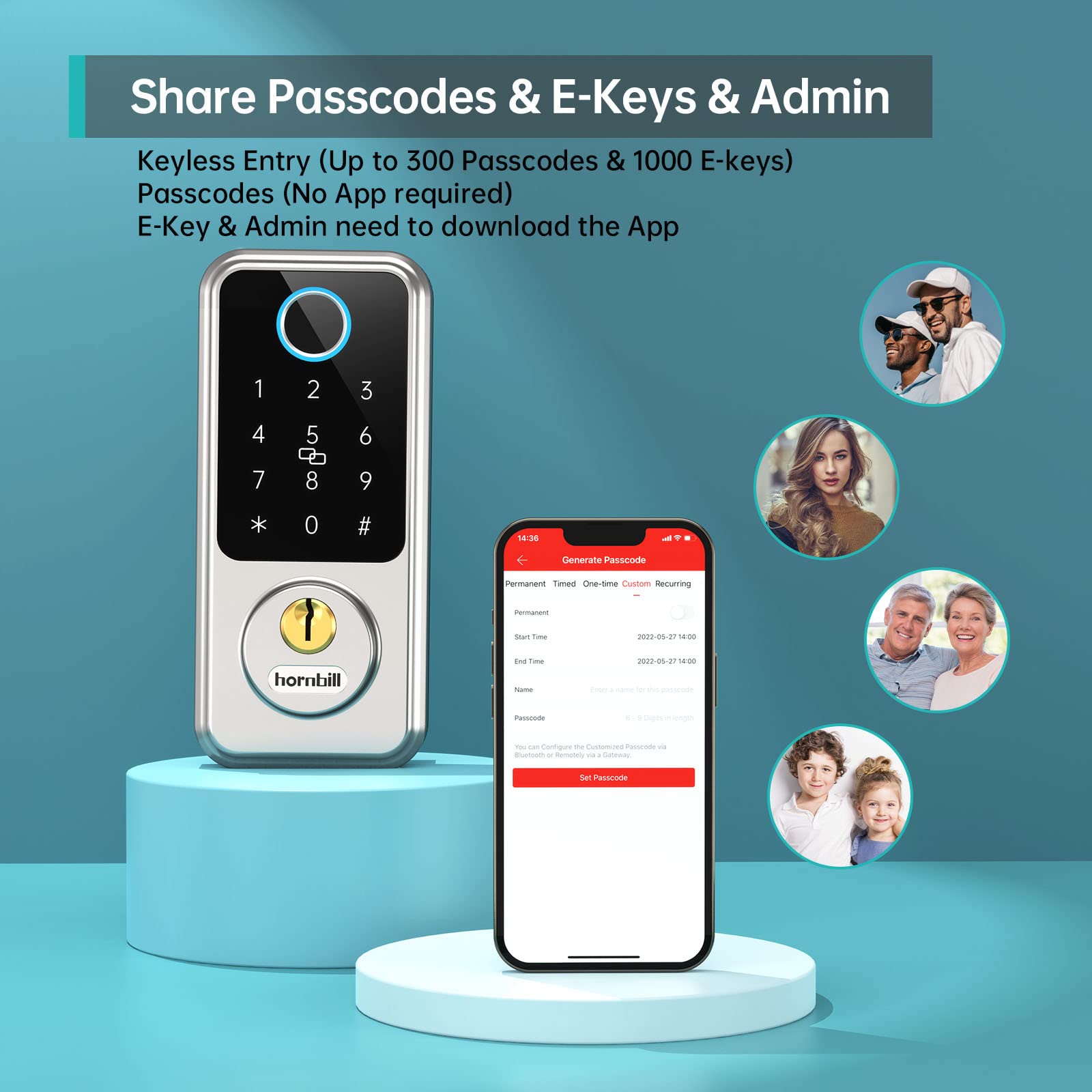 hornbill Biometric Fingerprint Smart Lock with Front Door Handle Set, Keyless Entry Smart Door Lock with Keypad, 8-in-1 Smart Deadbolt, Digital Smart Door Lock, Bluetooth Door Lock with Auto Lock