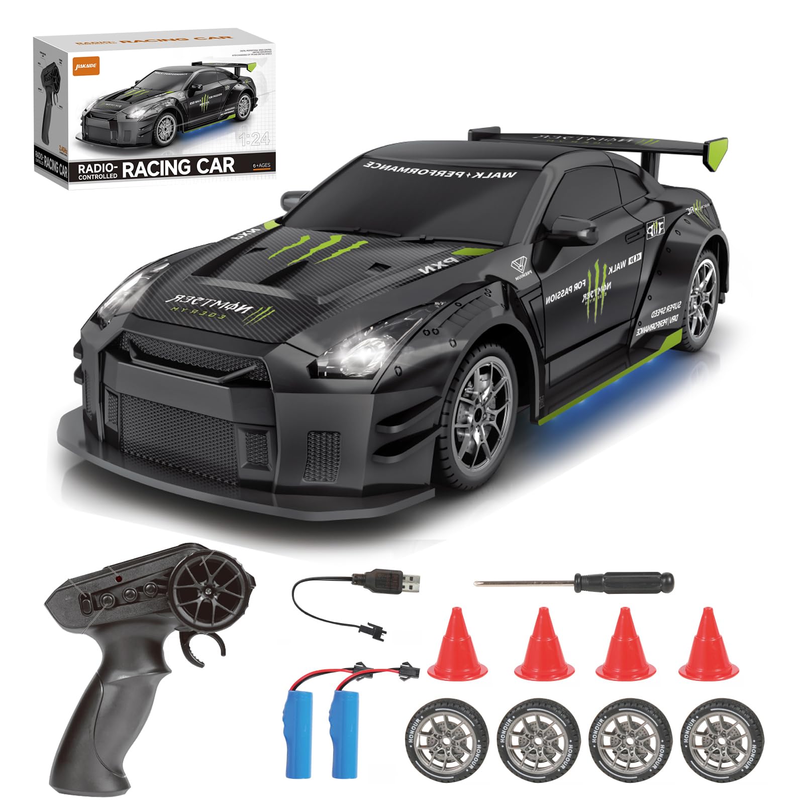 Aipinvip 1:24 RC Drift Car 4WD 20KM/H High Speed Remote Control Racing Cars with Two Rechargeable Batteries, LED Lights, Replaceable tires, Toy Gifts for Boys Girls Adults