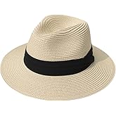 Lanzom Women Wide Brim Straw Panama Roll up Hat Fedora Beach Sun Hat UPF50+