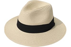 Lanzom Women Wide Brim Straw Panama Roll up Hat Fedora Beach Sun Hat UPF50+