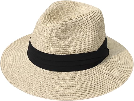 Lanzom women wide brim straw panama roll up hat fedora beach sun hat upf50+ Clearance