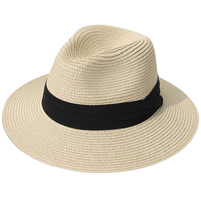 JOYEBUY Womens UPF50 Foldable Summer Straw Hat Wide Brim Fedora Sun Beach Hat (Khaki)