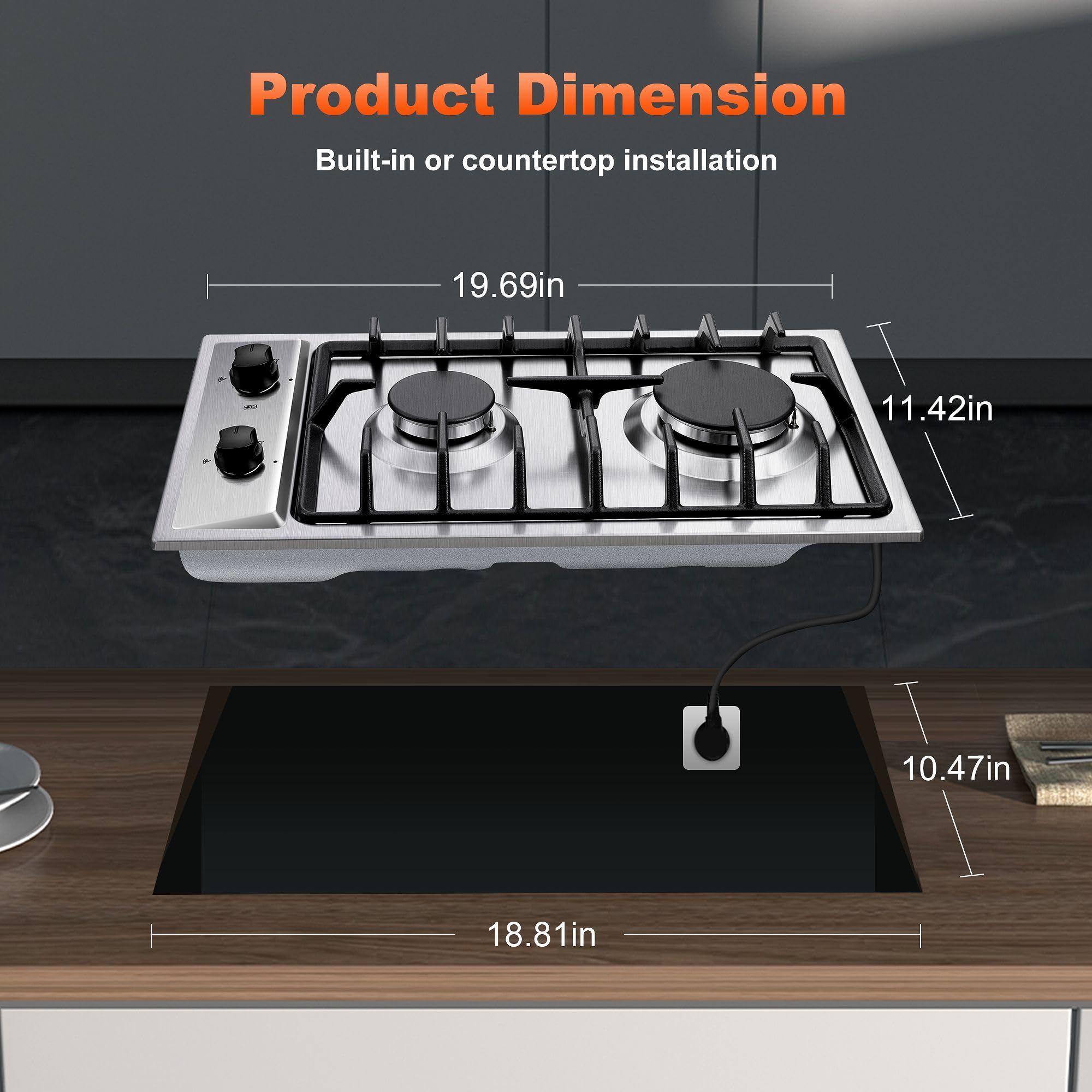 2-Burner Gas Cooktop with Thermocouple Protection - NG/LPG Convertible 12