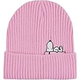 Peanuts Snoopy Women's Beanie Hat, Roll Down Cuffed Winter Knit Cap, Pink, One Size