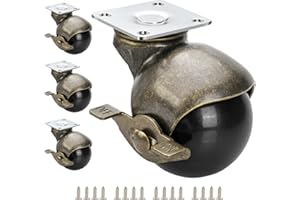 JGJC 2" Antique Brass Caster Wheels with Brake 4-Pack | Solid Ball Casters Set of 4 Heavy Duty | Swivel Plate Vintage Castor Wheels for Furniture, Table, Cabinet, DIY & Carpet | Ease of Installation