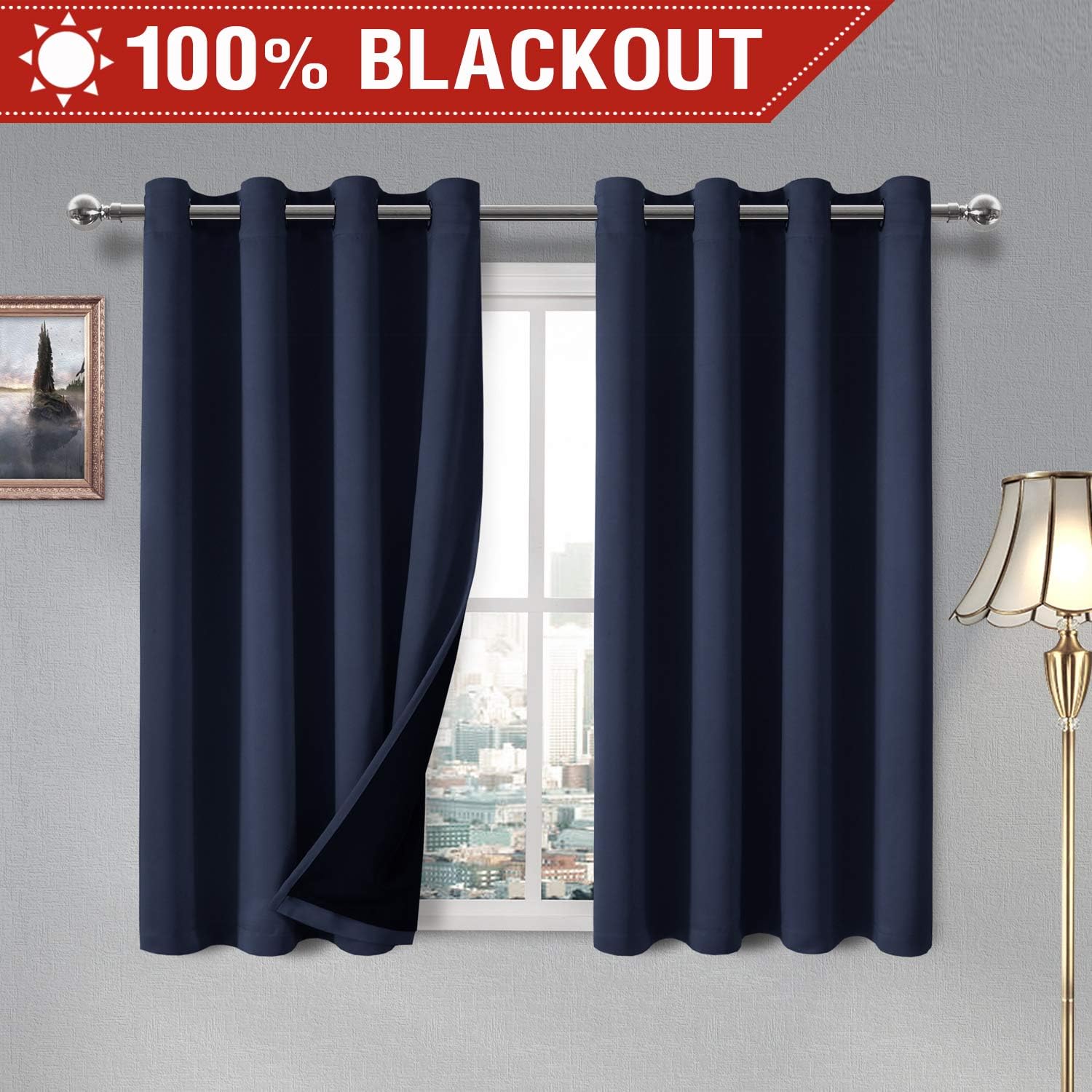 DWCN 100% Navy Blue Blackout Curtains – Thermal Insulated, Energy Saving & Noise Reducing Bedroom and Living Room Lined Curtains, W 52 x L 54 Inch, Set of 2 Grommet Curtain Panels