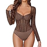 Avidlove Women Long Sleeve Bodysuit Sparkle Body Suits Top Mesh One Piece Leotard Shirt Going Out Tops Fall Outfits S-XXL