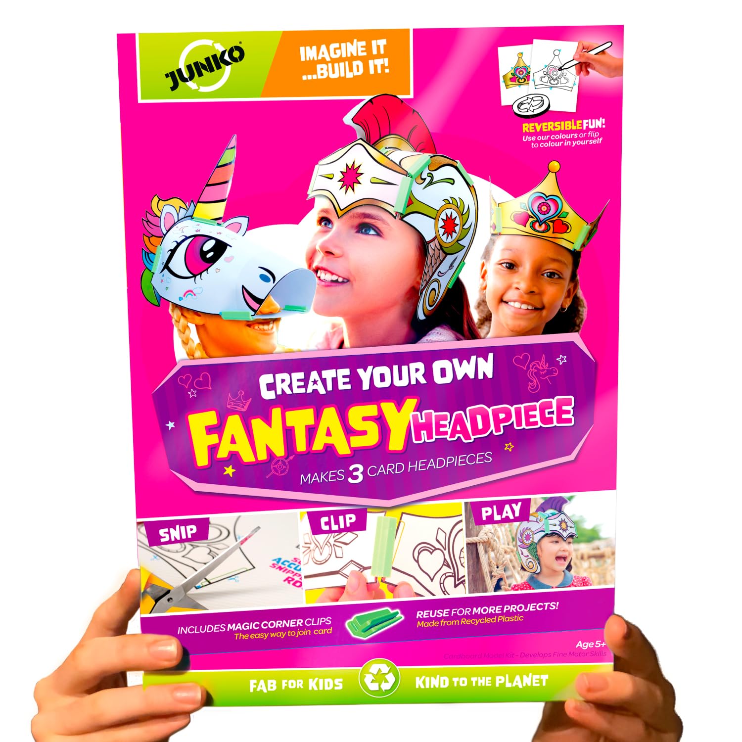 JUNKO Fantasy Headpieces Craft Kit – Fab Stocking Filler - Build & Color Unicorn, Princess Crown & Warrior God – Ages 5–10 – Recycled & Reusable — image 1
