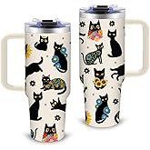Cat Gifts for Women - Funny 30oz Cat Tumbler with Handle and Straws Stainless Steel Insulated Travel Coffee Mugs, Leak-Proof Black Cat Themed Cups for Cats Lovers Birthday Christmas Gifts Water Cup