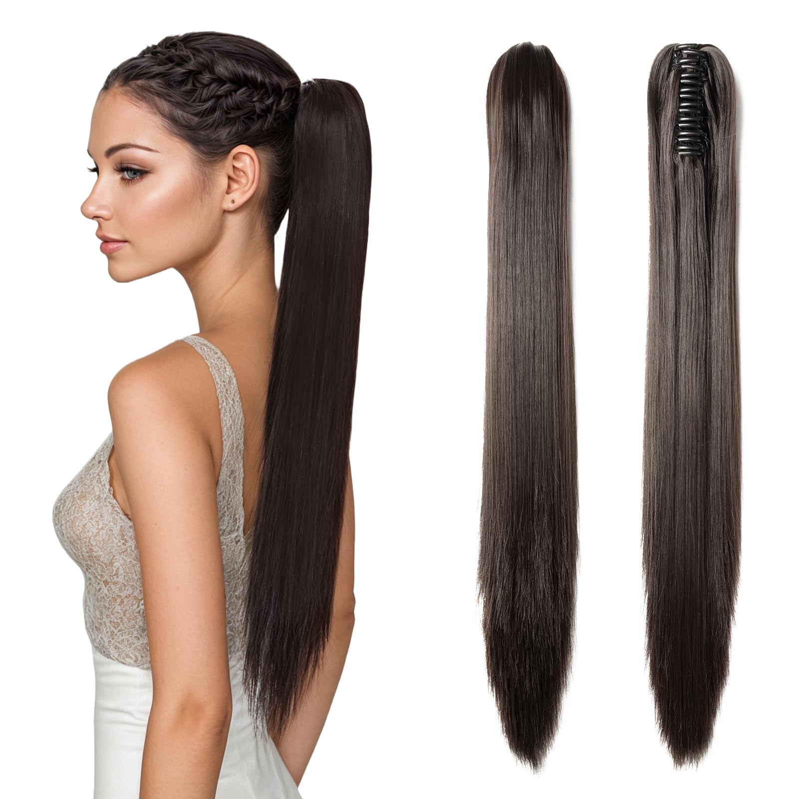 TESS Claw Clip in Ponytail Hair Extensions, 21 Inches Straight Ponytail Extension #4A Dark Brown Hair Extensions Clip in Brown for Women 140g — image 1