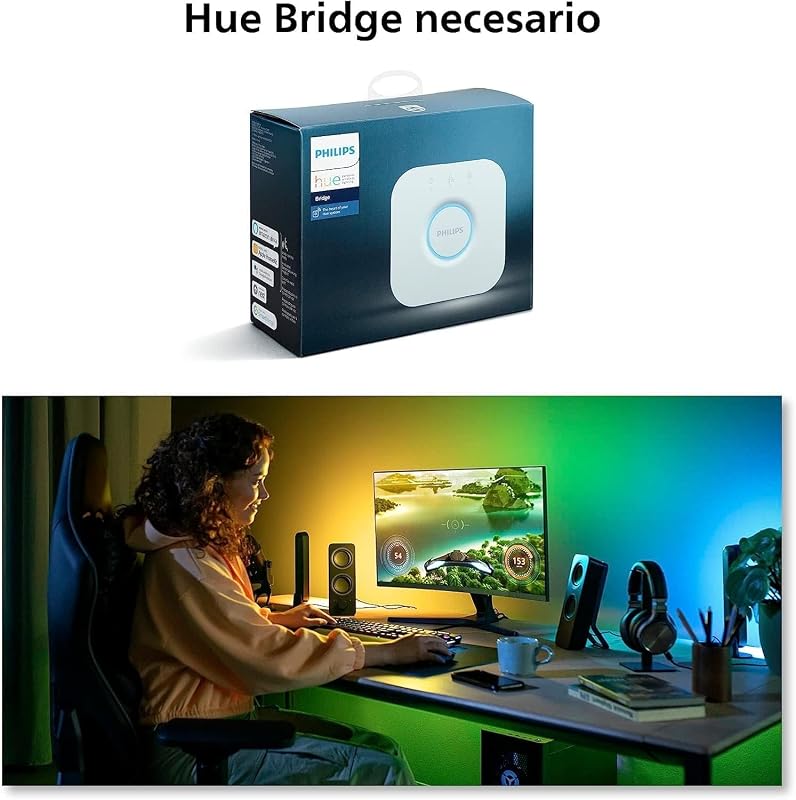 - Tira de luces led inteligente Hue Play Gradient para PC, 24-27", Luz Blanca y de Colores, sincroniza con el contenido de la pantalla